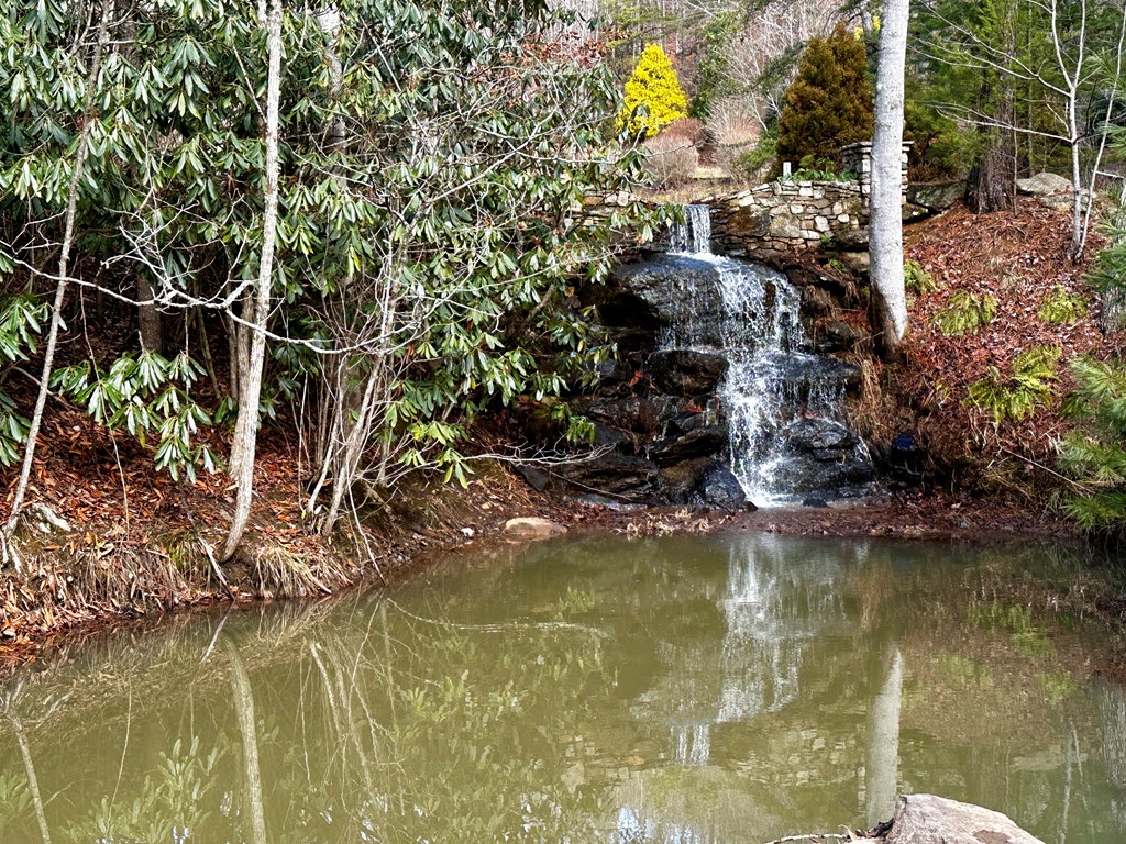 Pond and waterfall at the entrance